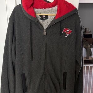 Women’s NFL Tampa Bay Buccaneers Gray and Red Fur Lined Hoodie